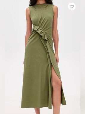 NWT Ulla Johnson Olive Green Ruffle-Side Midi Dress -Sz L